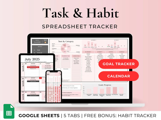 Pink Task Manager Spreadsheet: Habit Tracker, To-Do List (Google Sheets Digital Download