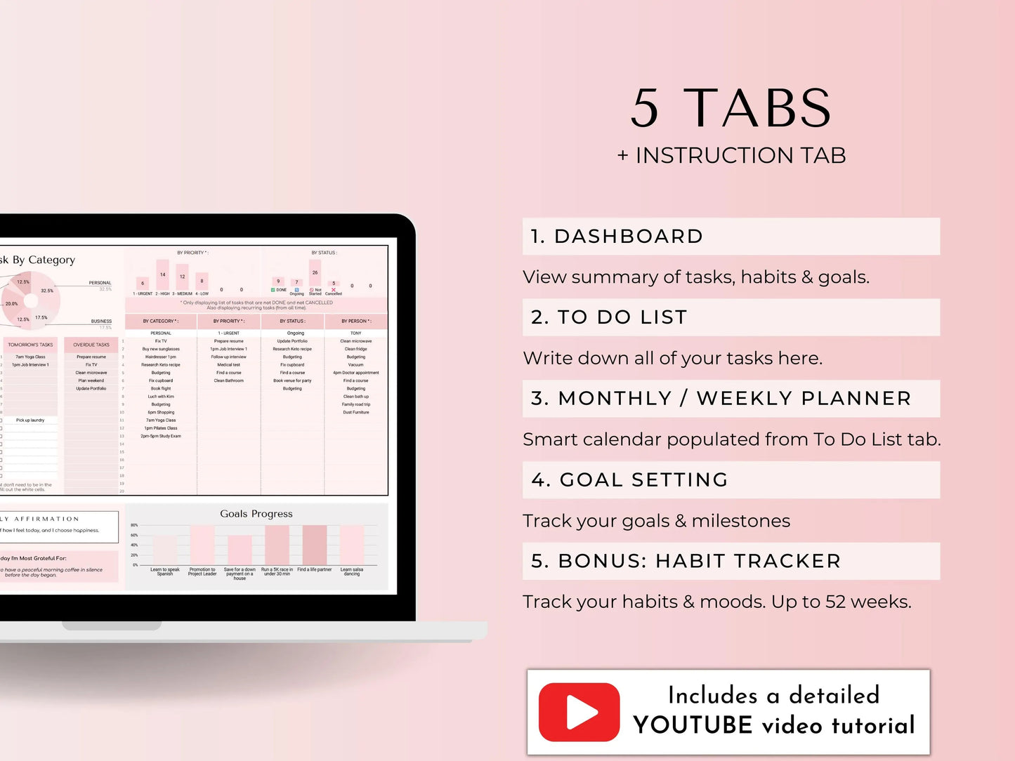 Pink Task Manager Spreadsheet: Habit Tracker, To-Do List (Google Sheets Digital Download