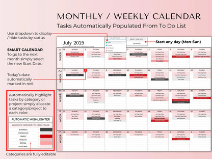 Pink Task Manager Spreadsheet: Habit Tracker, To-Do List (Google Sheets Digital Download