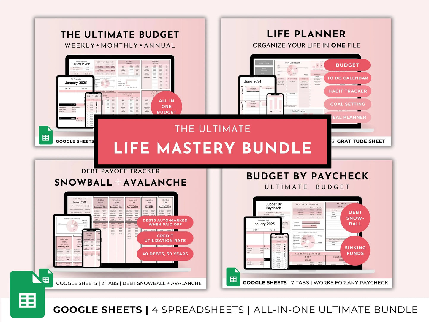 Life Mastery Bundle Google Sheets Templates – Budget, Habit, Goal Tracker, Meal Planner (Pink Digital Download)