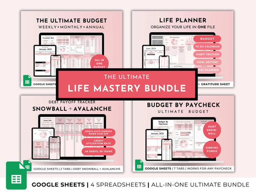 Life Mastery Bundle Google Sheets Templates – Budget, Habit, Goal Tracker, Meal Planner (Pink Digital Download)