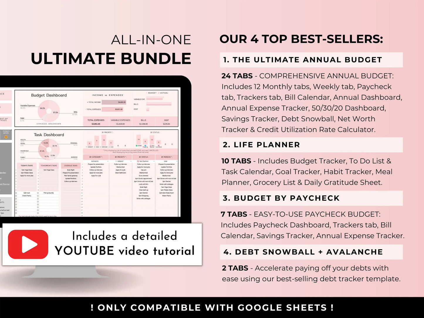 Life Mastery Bundle Google Sheets Templates – Budget, Habit, Goal Tracker, Meal Planner (Pink Digital Download)