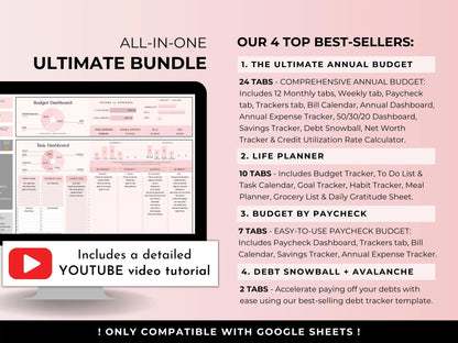 Life Mastery Bundle Google Sheets Templates – Budget, Habit, Goal Tracker, Meal Planner (Pink Digital Download)