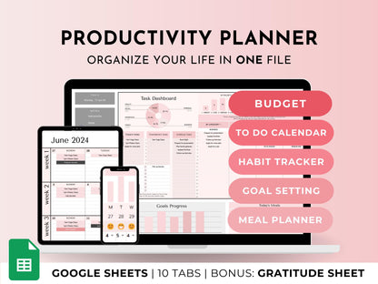 Google Sheets Productivity Planner Template – Digital Life Organizer With Calendar, Budget, Task, Habit, and Goal Tracker