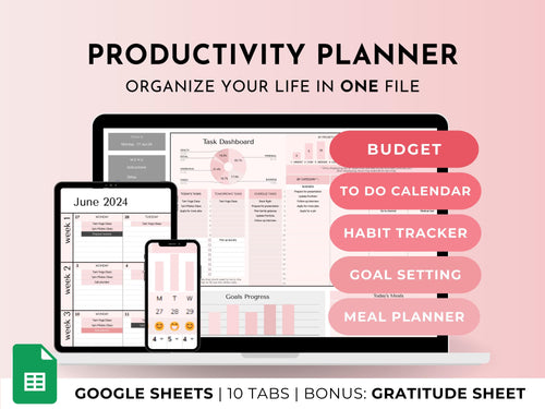 Google Sheets Productivity Planner Template – Digital Life Organizer With Calendar, Budget, Task, Habit, and Goal Tracker