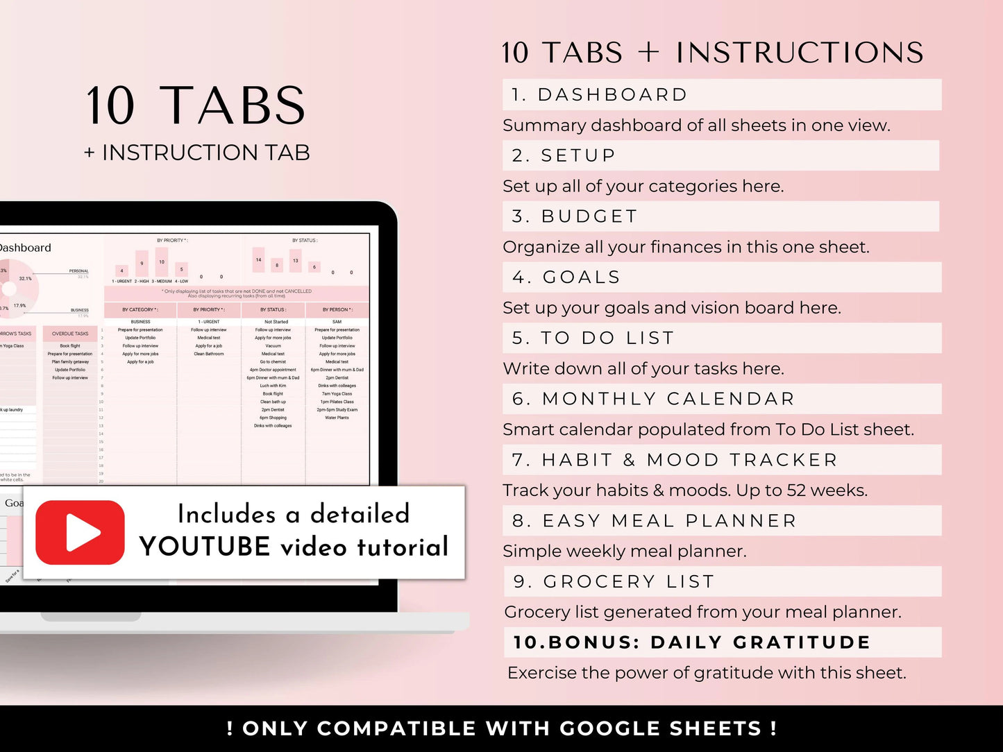 Google Sheets Productivity Planner Template – Digital Life Organizer With Calendar, Budget, Task, Habit, and Goal Tracker