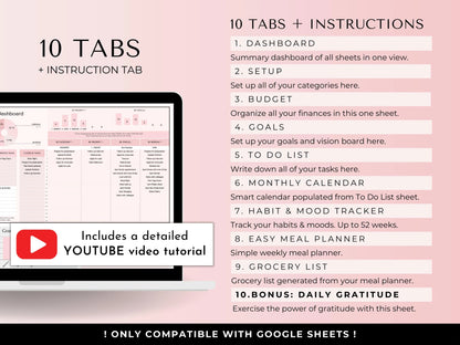 Google Sheets Productivity Planner Template – Digital Life Organizer With Calendar, Budget, Task, Habit, and Goal Tracker