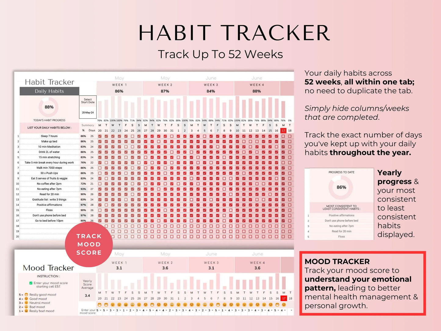 Life Mastery Bundle Google Sheets Templates – Budget, Habit, Goal Tracker, Meal Planner (Pink Digital Download)