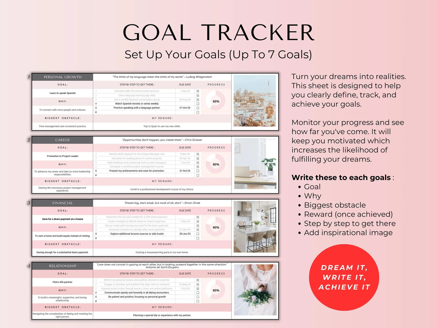 Life Mastery Bundle Google Sheets Templates – Budget, Habit, Goal Tracker, Meal Planner (Pink Digital Download)